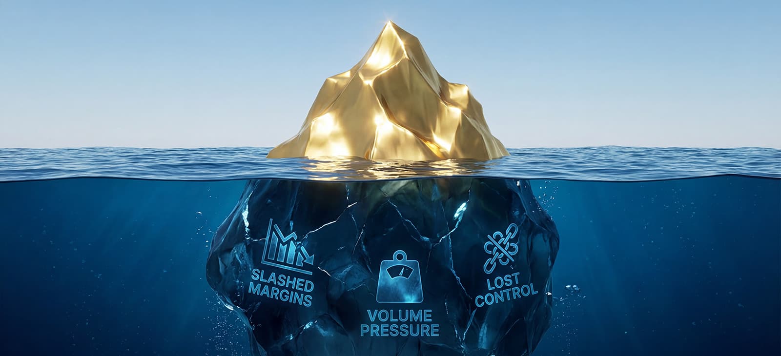 Iceberg with above water in gold to represent Rebates while at the bottom shows problems of slashed margins, volume pressure and lost control