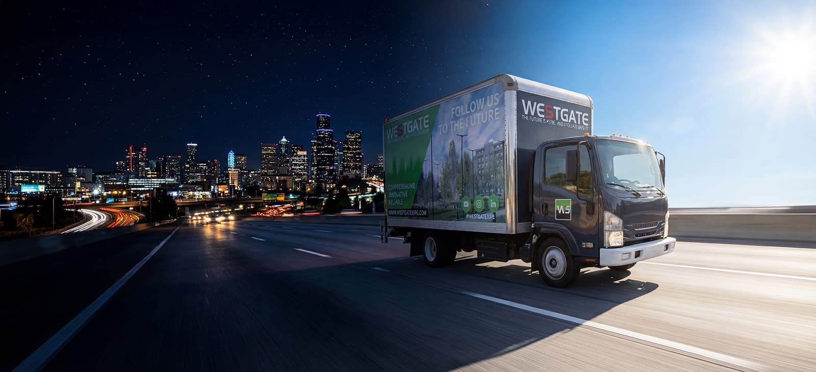 Westgate Delivery Truck Moving Fast from Dark Downtown Los Angeles to a Bright Sunny Daylight