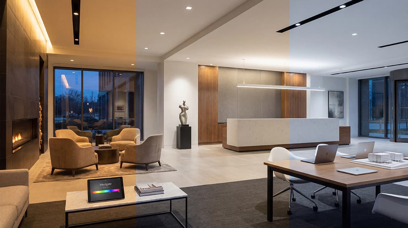 A commercial lobby divided into three color temperature from warm white, neutral white and cool white