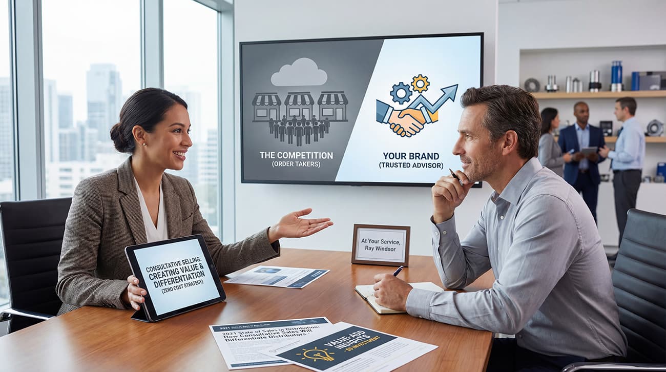 A woman explaining the benefits of Consultative Selling to a Man