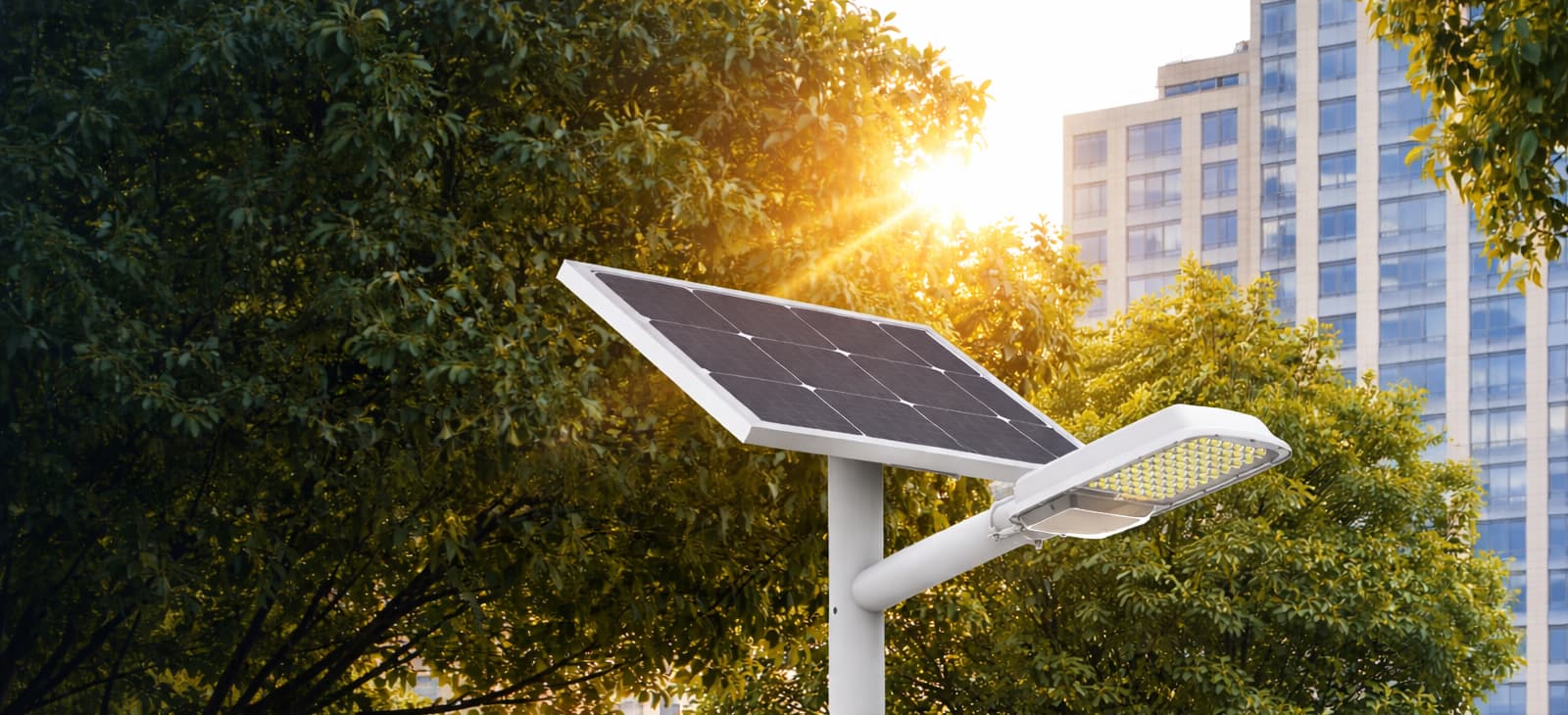 Westgate's SOLA SPLT SERIES shown on center with foliage and modern buildings in the background